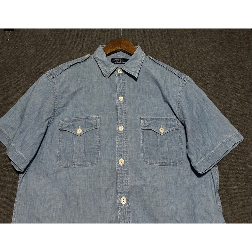 Polo ralph lauren blue label vintage denim button up shirt mens short sleeve M